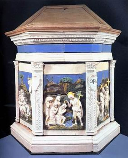 San Giusto, fonte battesimale in maiolica con Storie del Battista, di Benedetto Buglioni